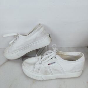 Superga 2790 White Canvas Platform Low Sneakers Tennis Shoes, 5(M) 6.5(W)